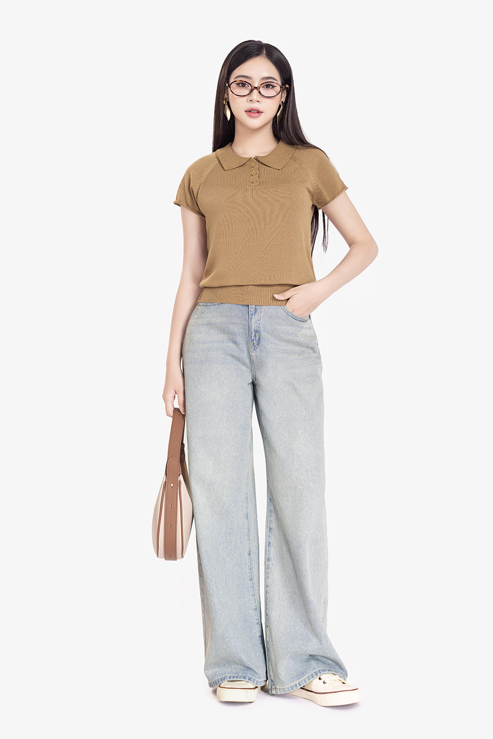 Áo len dệt kim màu nâu cổ polo