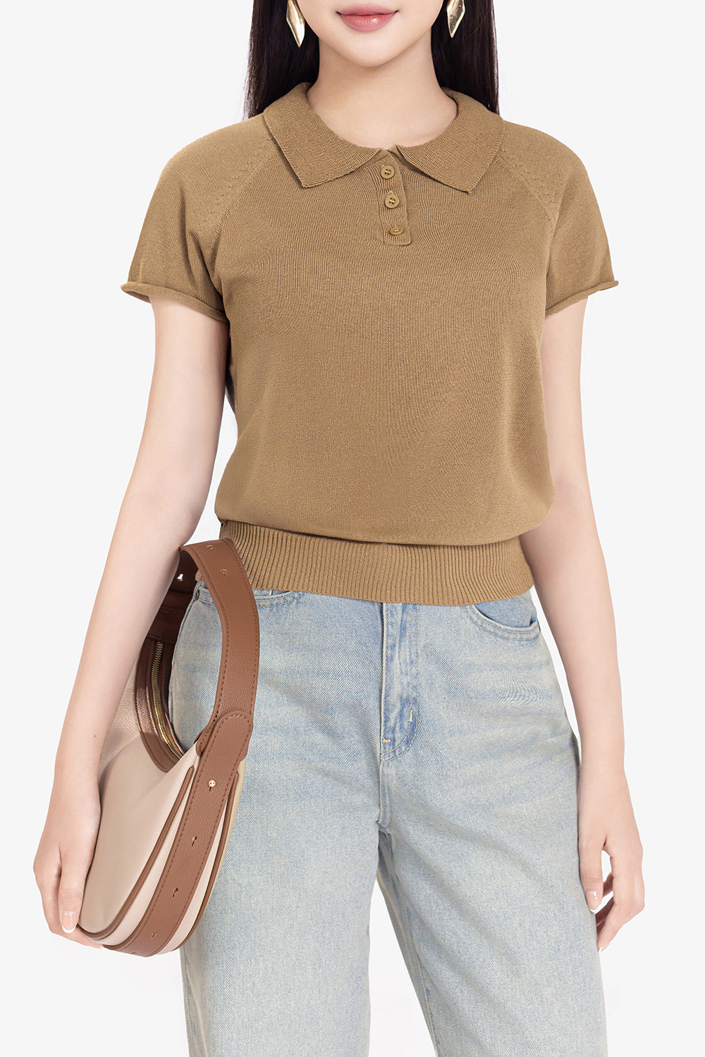Áo len dệt kim màu nâu cổ polo
