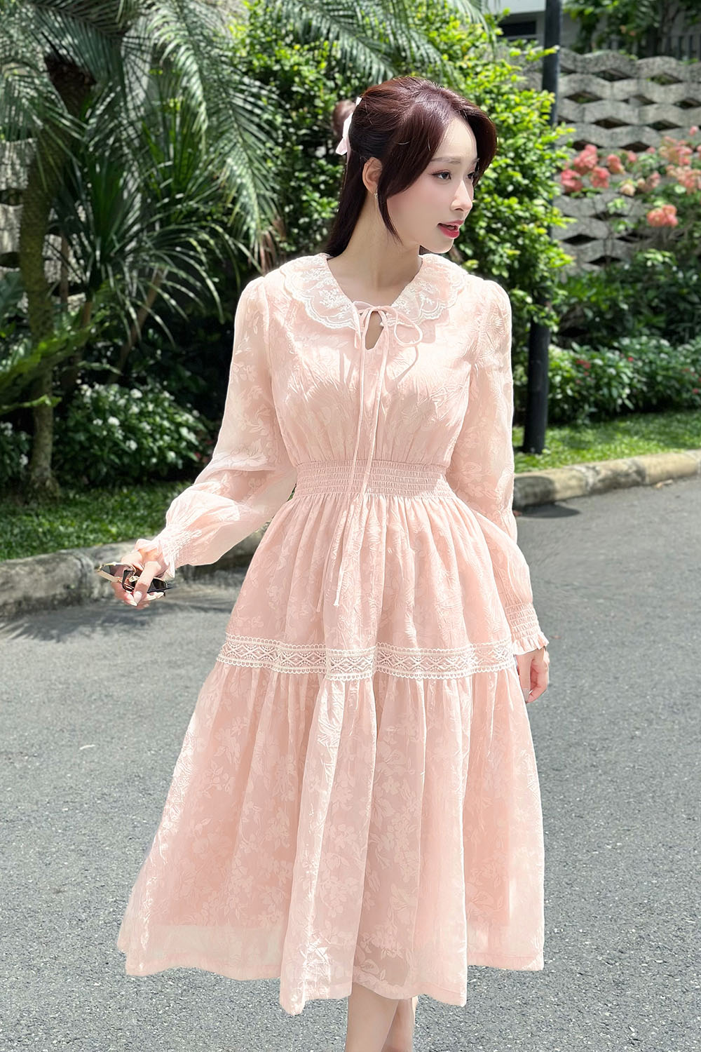 Đầm voan hoa dáng xòe eo bo chun