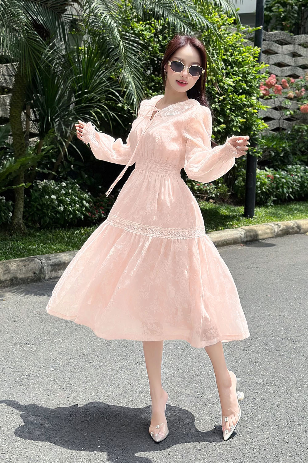 Đầm voan hoa dáng xòe eo bo chun