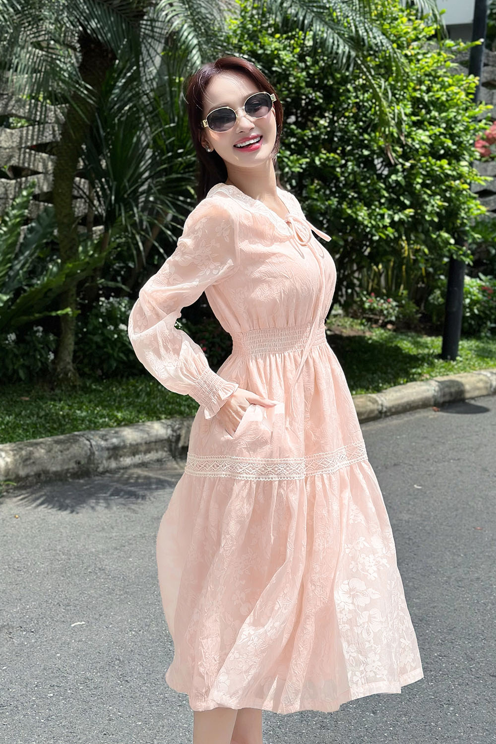 Đầm voan hoa dáng xòe eo bo chun