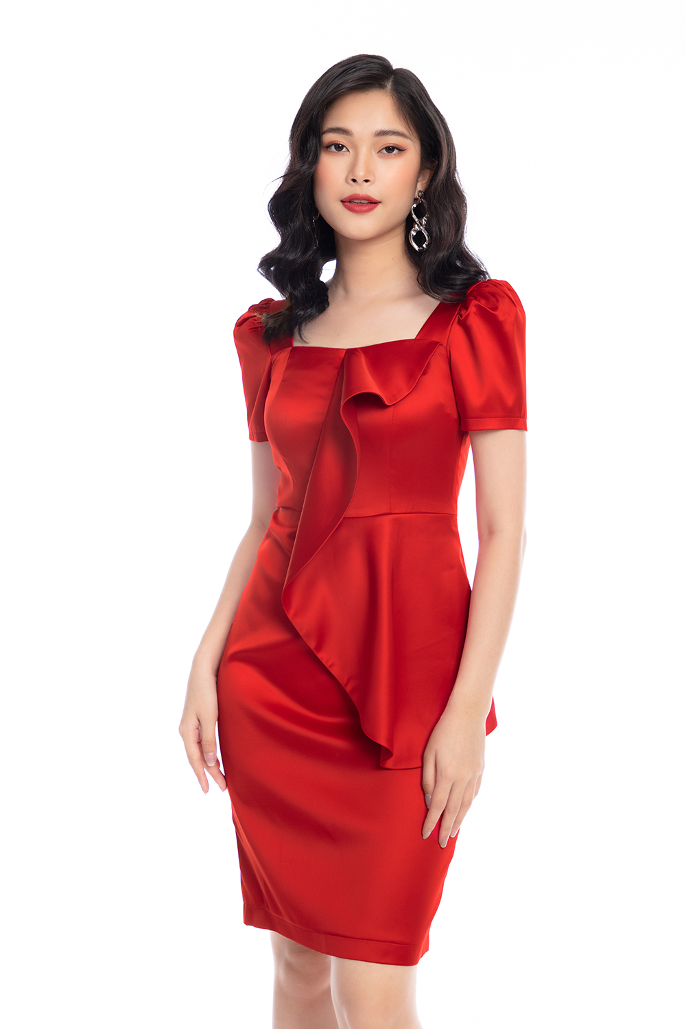 Đầm ôm body cổ vuông phối bèo 