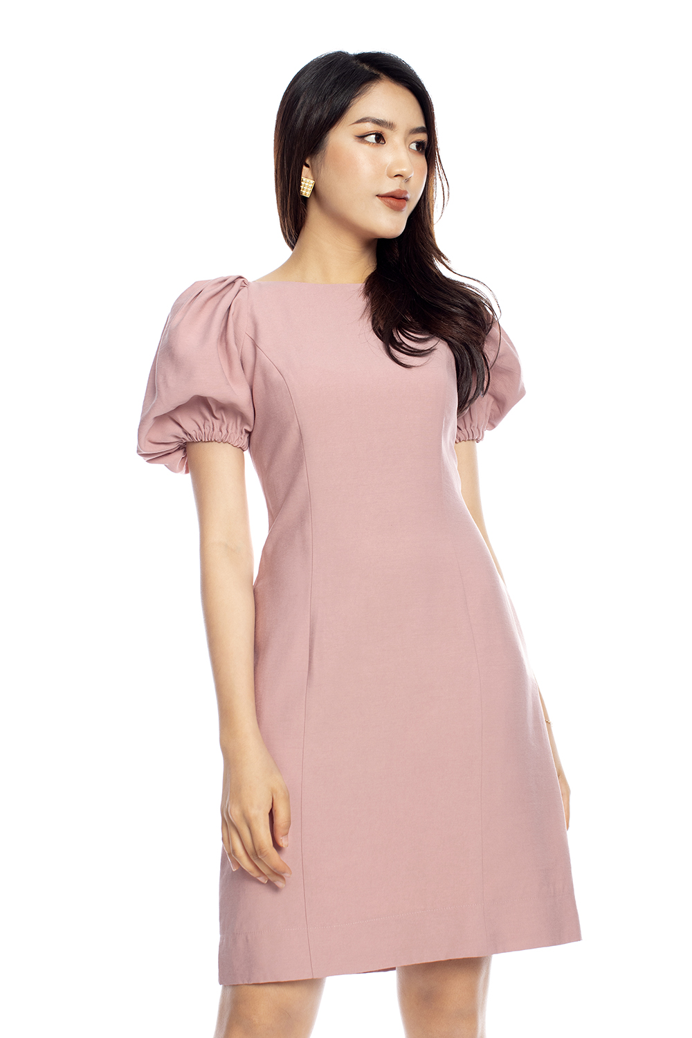 Đầm chữ A đơn sắc tay phồng 