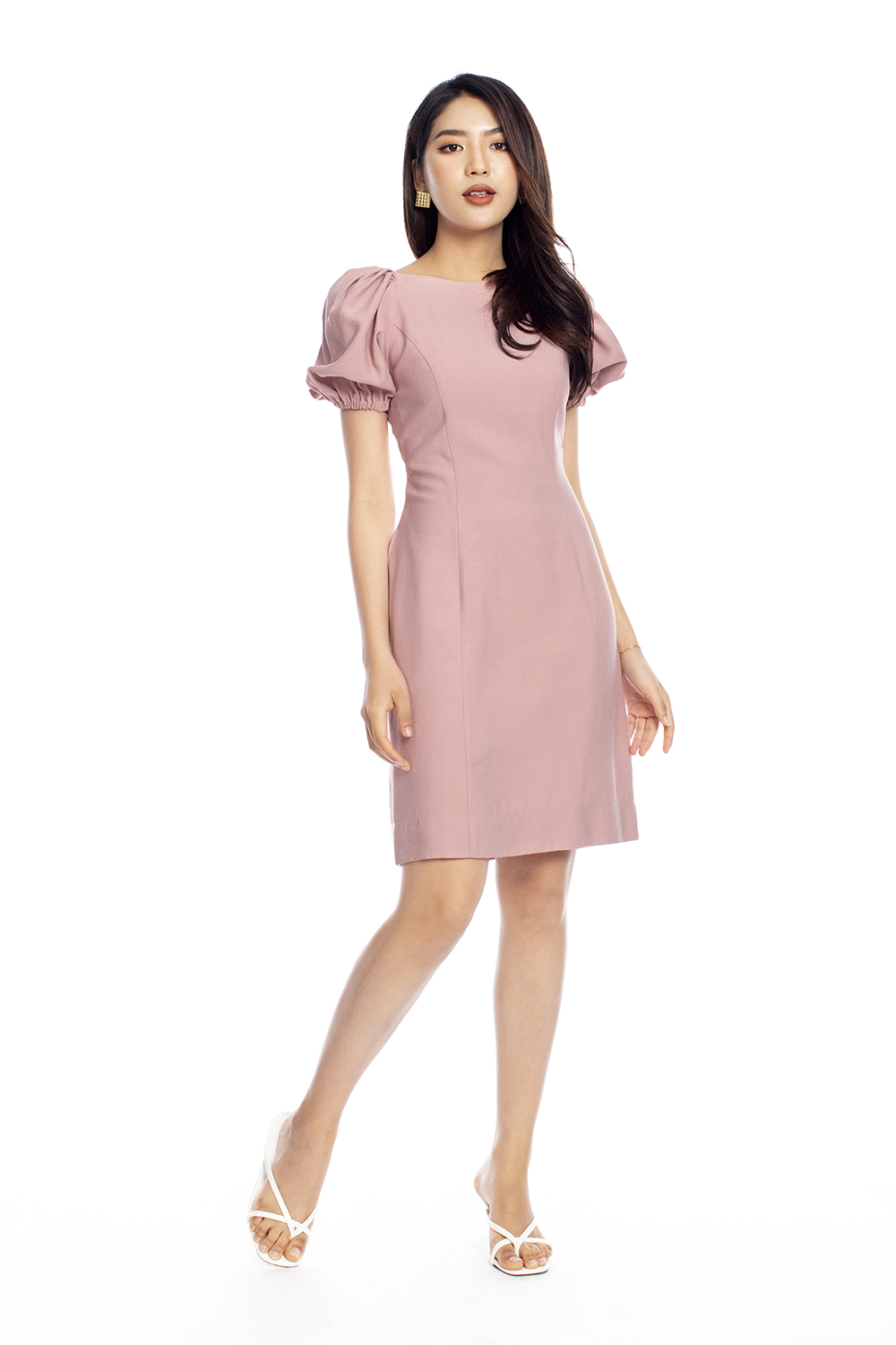 Đầm chữ A đơn sắc tay phồng 