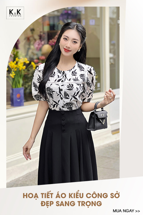 Áo kiểu nữ họa tiết tay phồng phối đăng ten ASM16-30