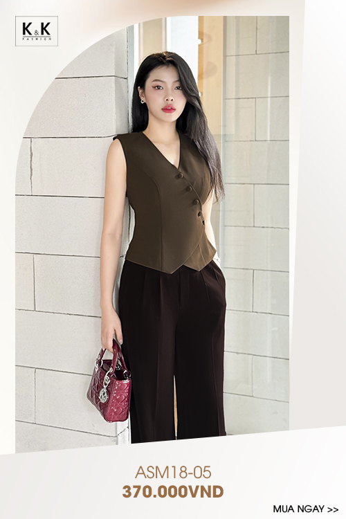 Áo kiểu gile cổ tim sát nách phối cúc bọc ASM18-05