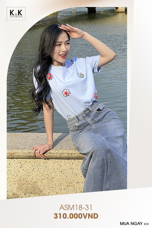 Áo thun nữ màu xanh đính hoa nổi ASM18-31