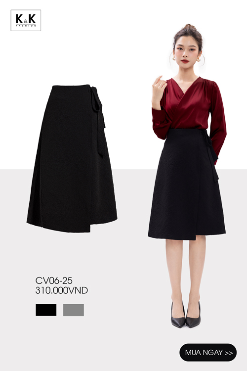 Chân váy midi đen tùng chữ A đắp chéo CV06-25