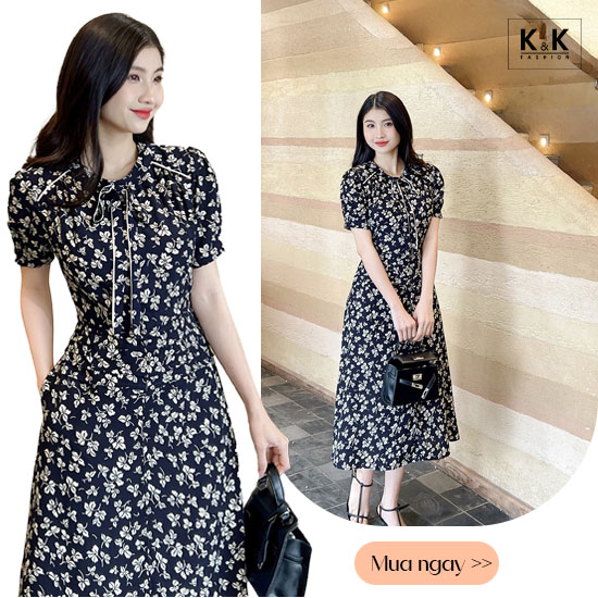 Đầm hoa dáng xòe nhấn eo cổ phối nơ KK174-15