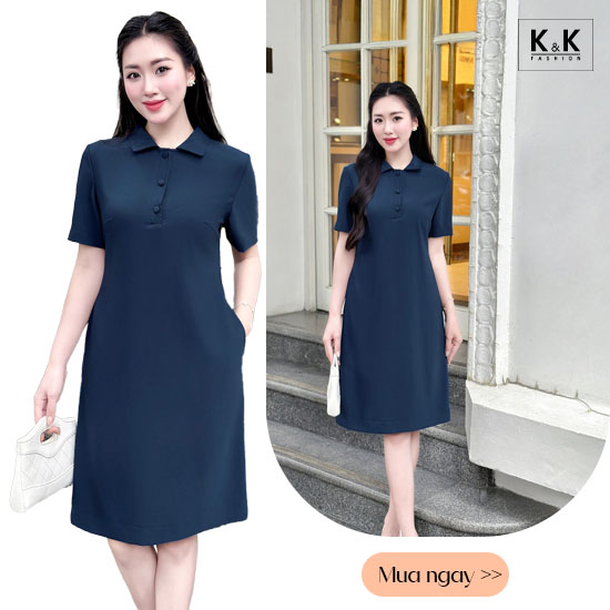 Đầm suông A cổ sơ mi màu xanh KK170-30