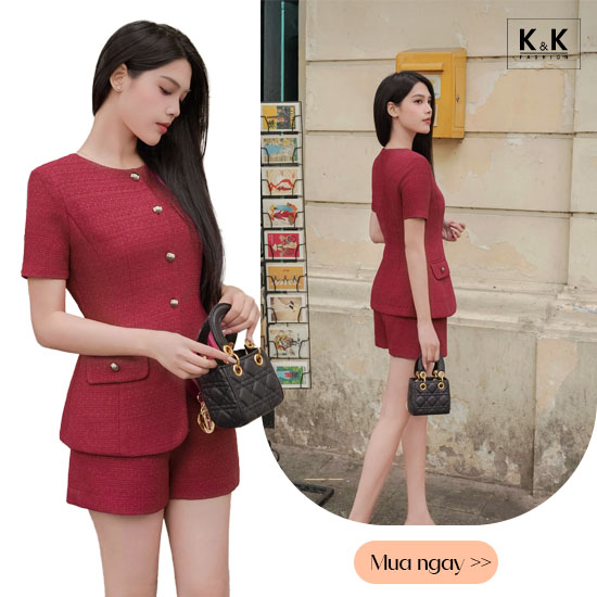 Áo tweed nữ sang trọng cổ tròn màu hồng ASM22-22