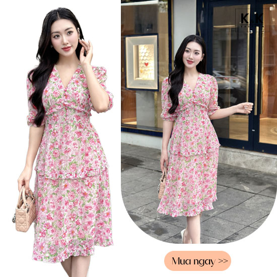 Đầm hoa dáng xòe cổ V viền bèo KK174-26