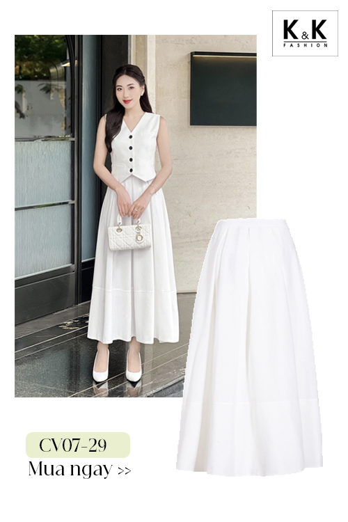 Chân váy xòe dài màu trắng xếp ly CV07-29