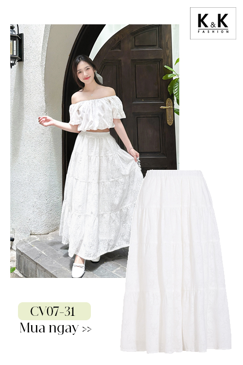 Chân váy xòe dáng midi màu trắng CV07-31