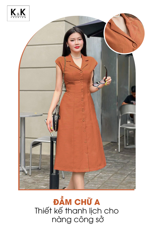 Đầm công sở thiết kế dáng chữ a cổ đan tông KK161-22