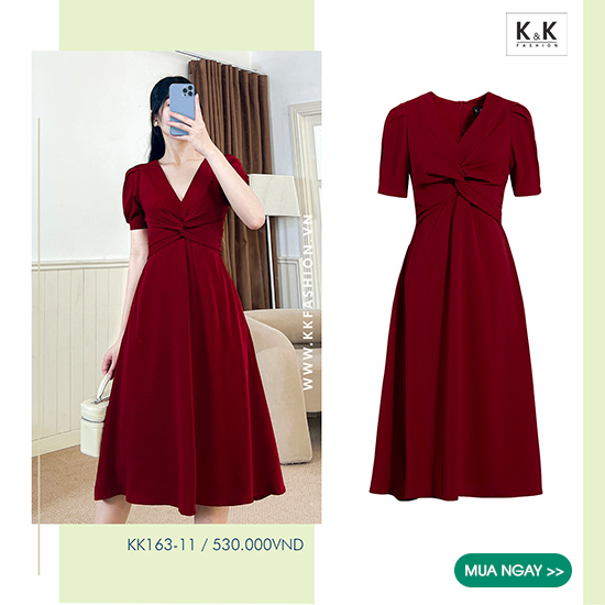 Đầm xòe đỏ mùa đông cổ v xoắn ngực KK163-11