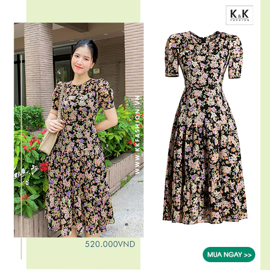 Đầm xòe đuôi cá nền đen họa tiết hoa KK163-27