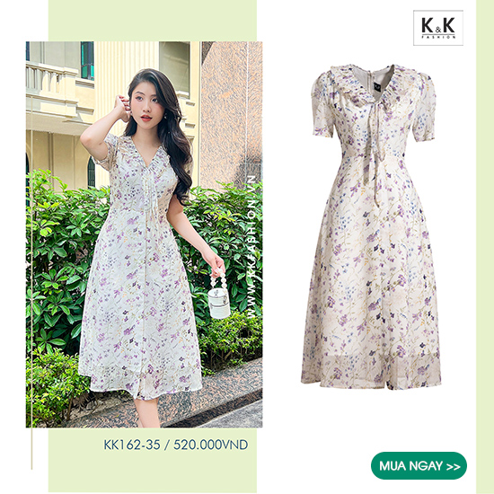 Đầm hoa trắng dáng chữ A cổ phối nơ KK162-35