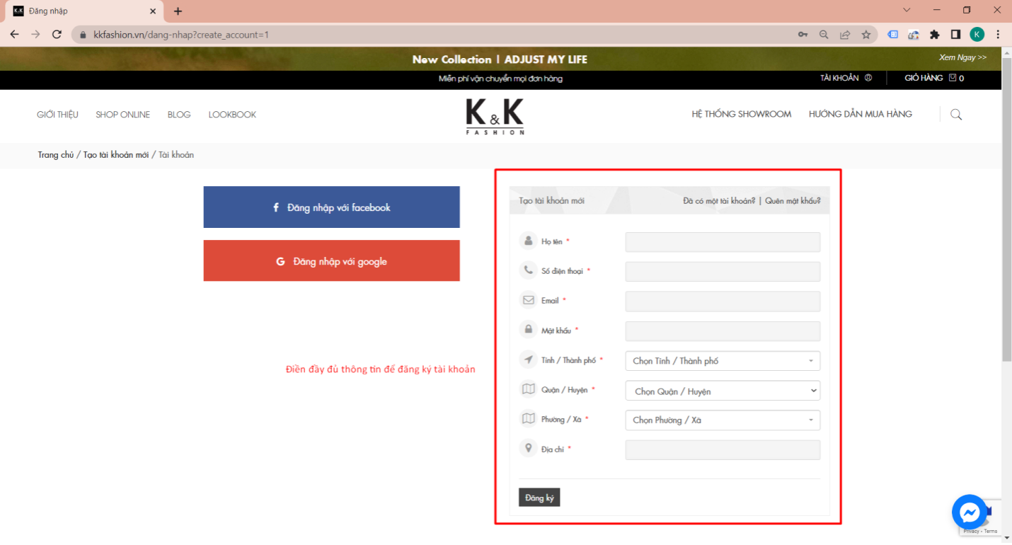 Đăng ký tài khoản K&K Fashion