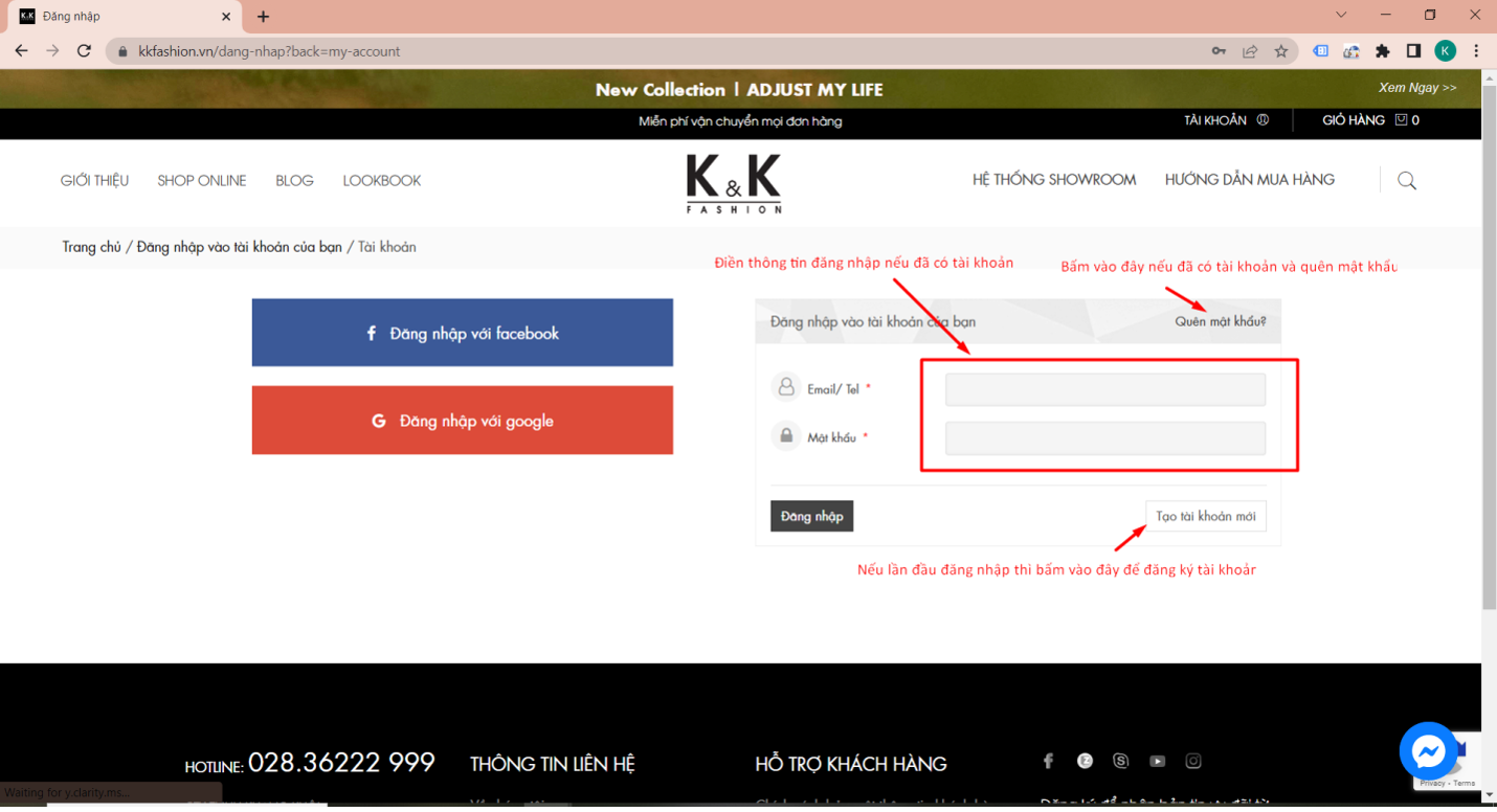 Đăng nhập tài khoản K&K Fashion